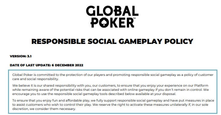 Global Poker Responsible Gambling