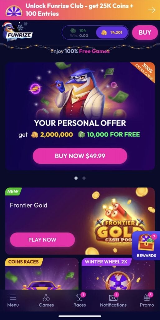 Funrize mobile interface
