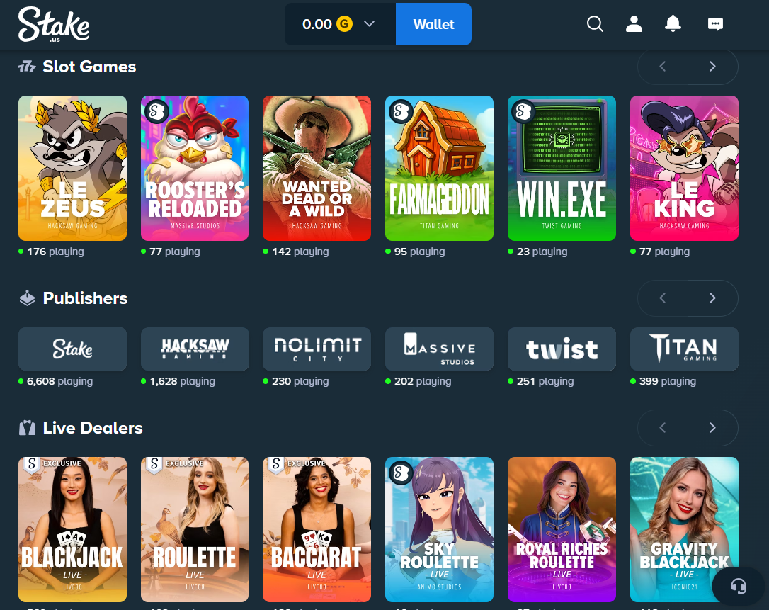 Stake.us gaming lobby