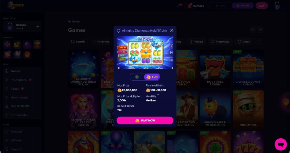 funrize gaming lobby info card