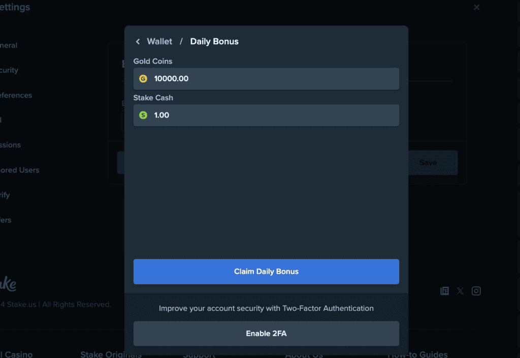 Stake.us Daily Login Bonus