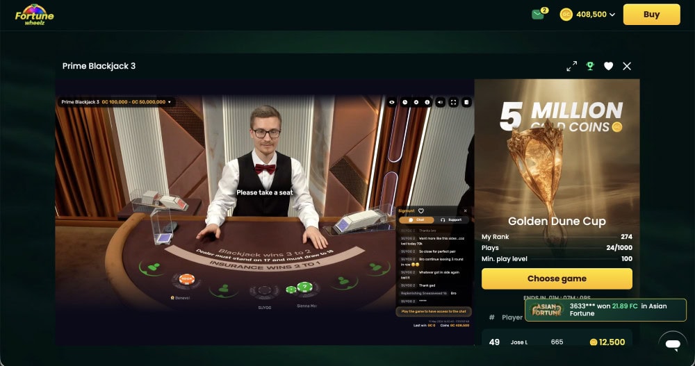 prime blackjack 3 at fortune wheelz