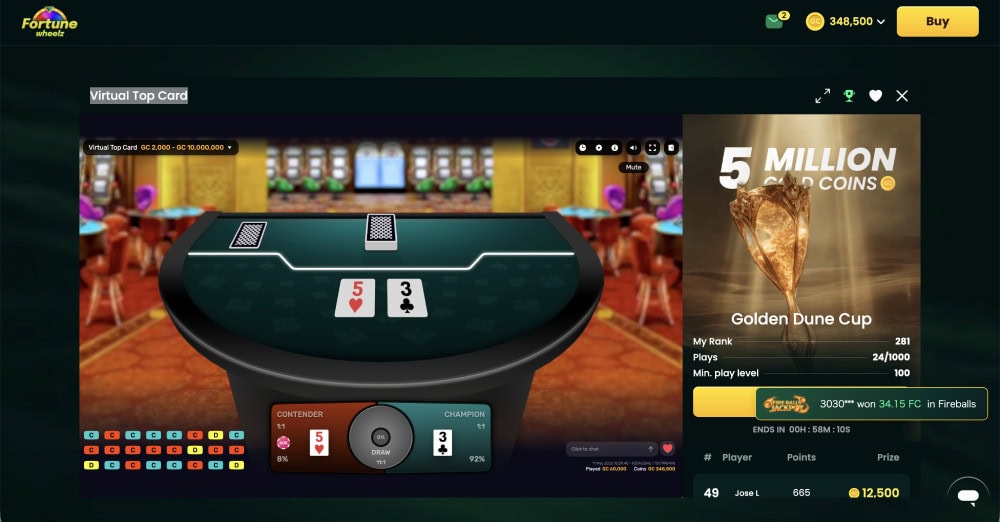virtual top card at fortune wheelz