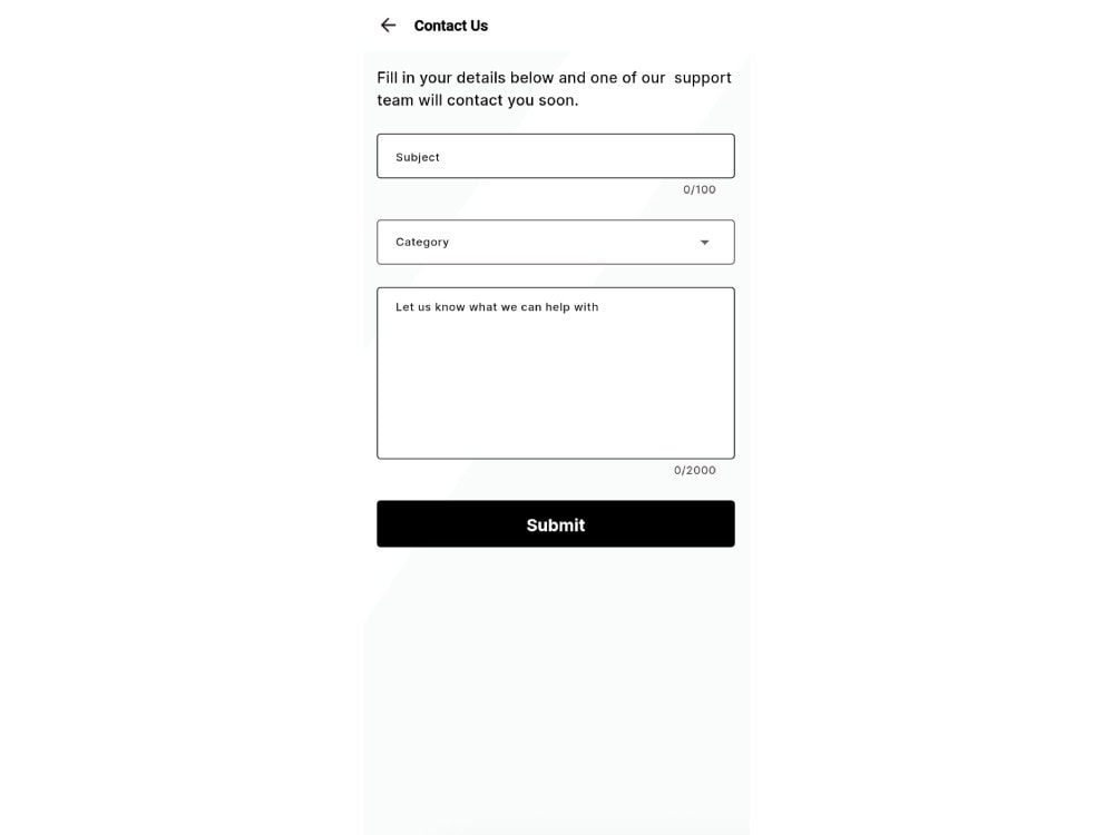 Contact form for support inquiries