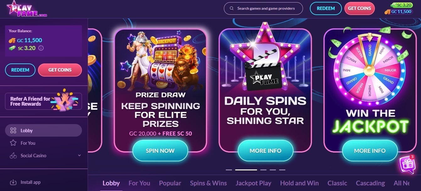 Playfame Casino Homepage