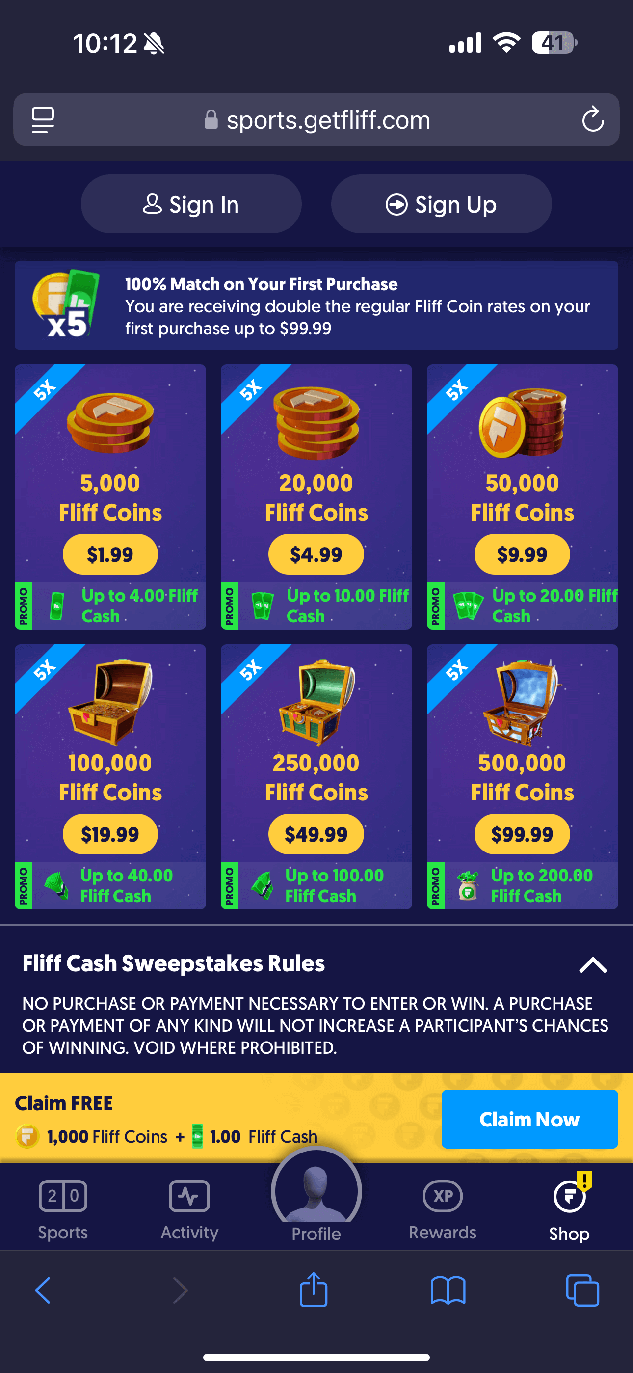 Fliff 100% purchase bonuses