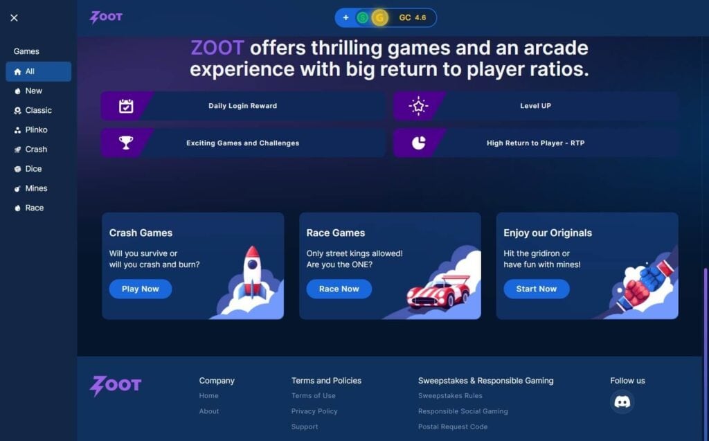 Zoot Casino Homepage