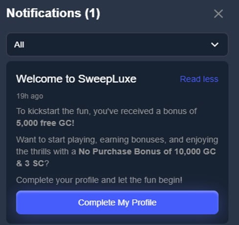 SweepLuxe Bonus Received