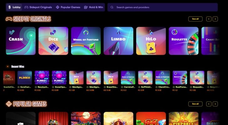 Sidepot Games Casino lobby