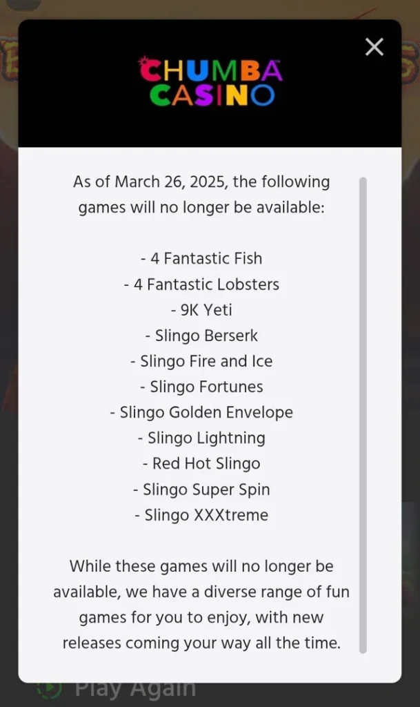 no more slingo at chumba casino