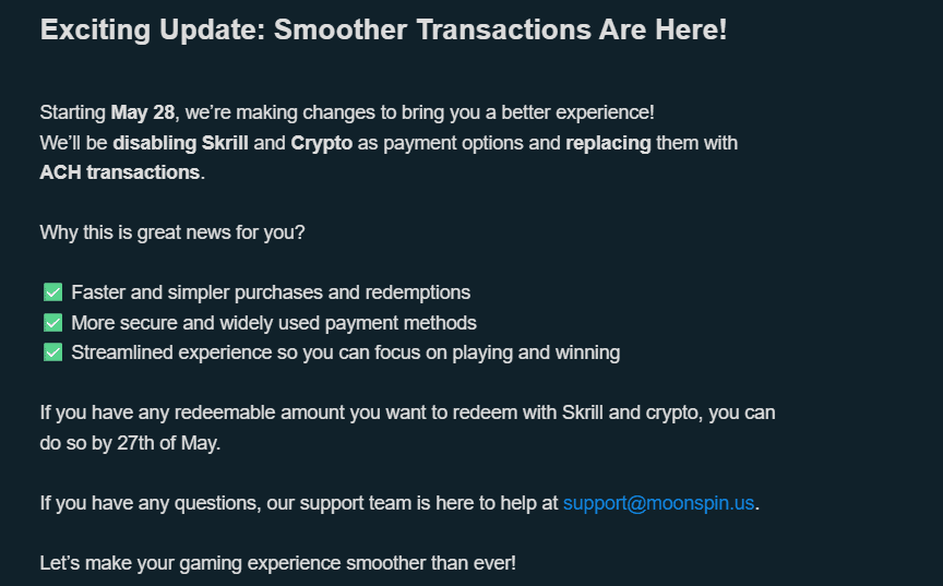moonspin announces removal of crytpo and skrill