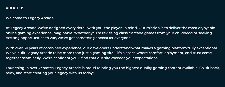 Legacy Arcade About Us