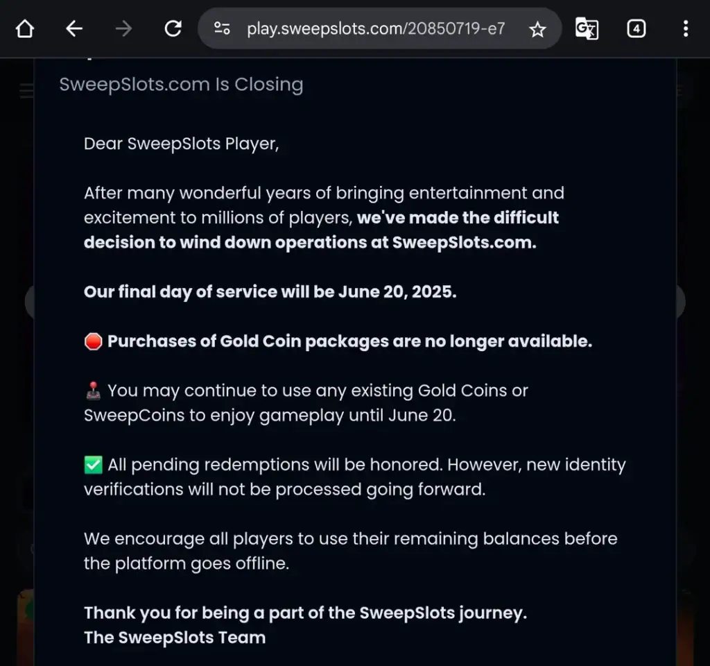sweepslots shutting down message
