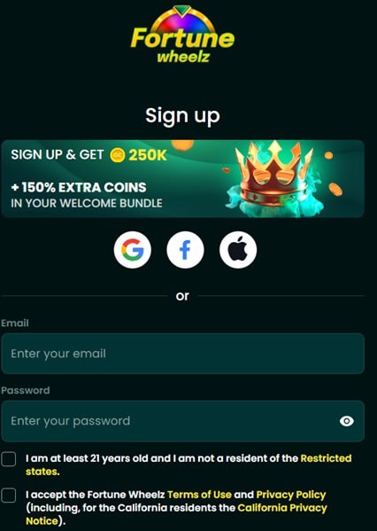 Fortune Wheelz Sign Up