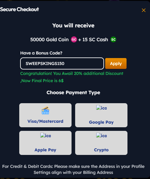Sweep Las Vegas promo code and purchase screen