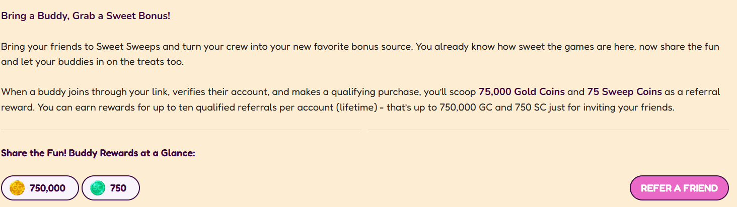 Sweet Sweeps new referral bonus
