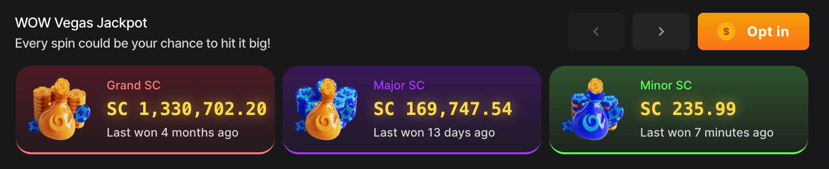 WOW Vegas Jackpot reaches 1.3 Million SC