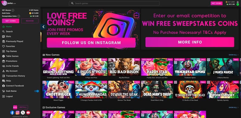 Pulsz Casino Homepage