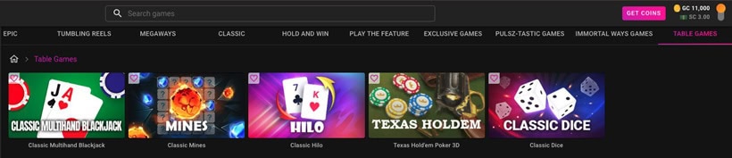 Pulsz Casino Table Games