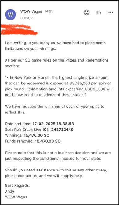 WOW Vegas Winnings Ban