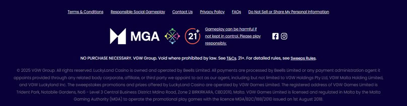 LuckyLand Casino Footer
