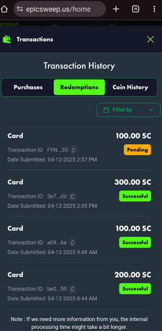 EpicSweep Transactions
