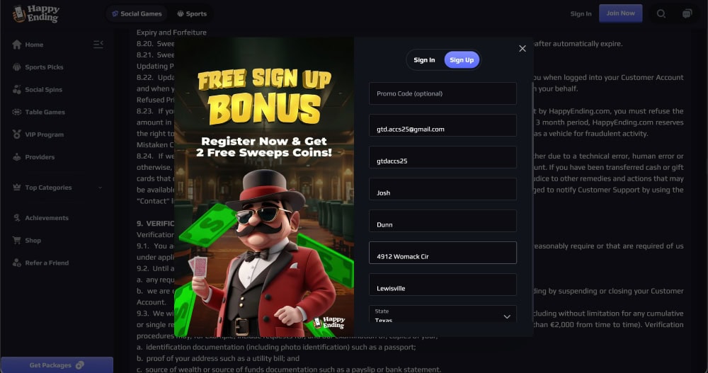 happyending sign up bonus