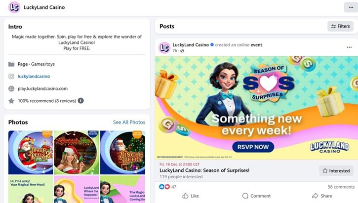 LuckyLand Casino Facebook Page