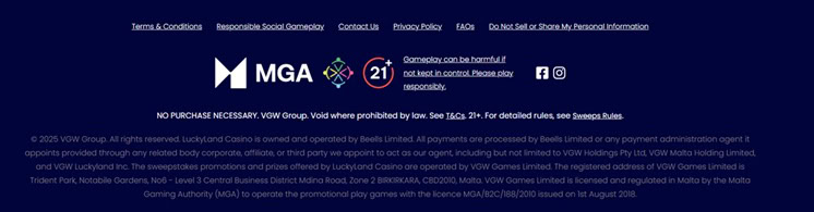 LuckyLand Casino Footer