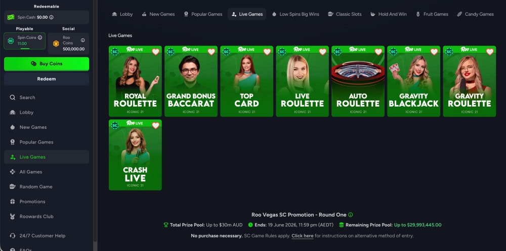 roo vegas live dealer games