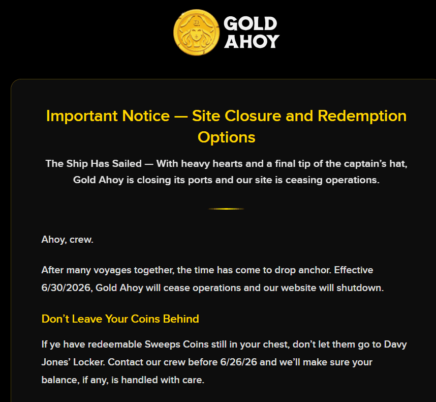 Gold Ahoy closing