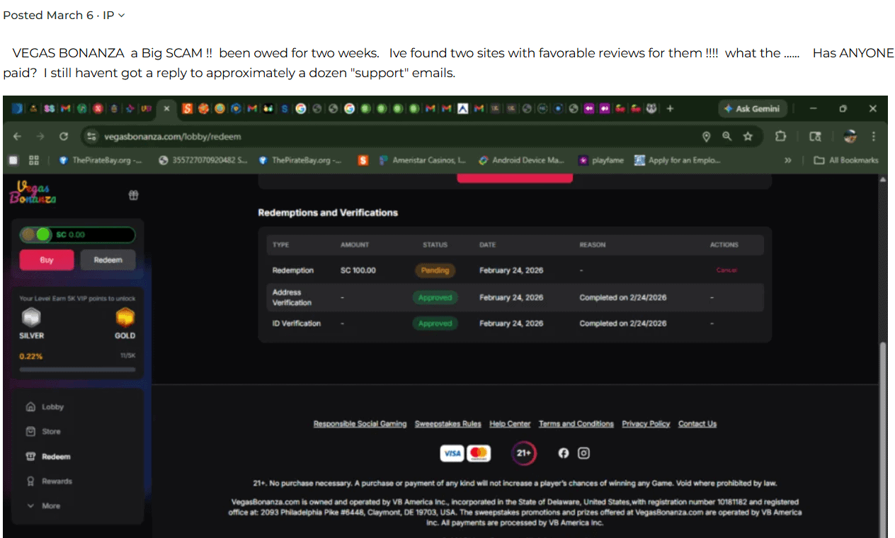 VegasBonanza blacklisted