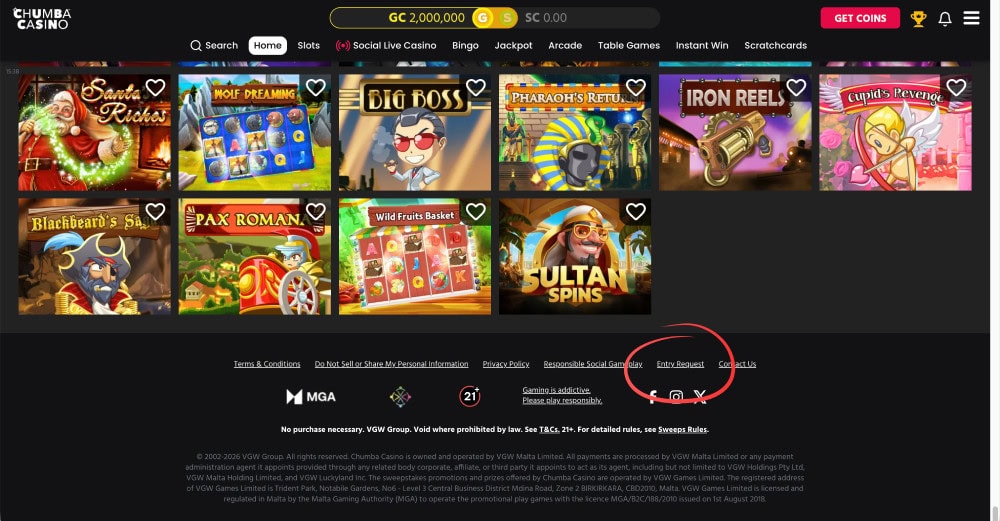 chumba casino entry request