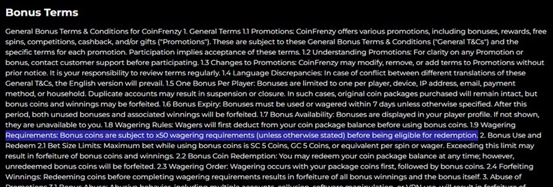 CoinFrenzy Bonus Terms