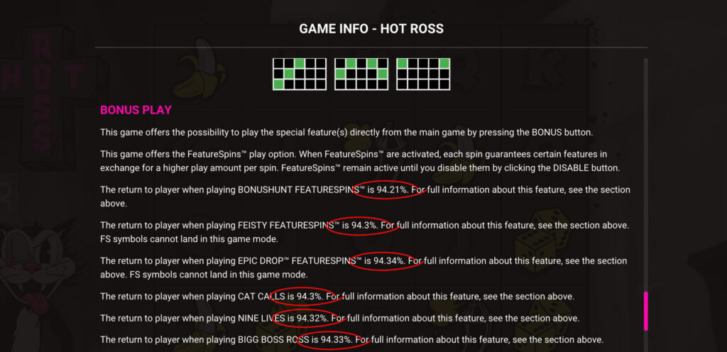 hot ross rtp percentages game menu