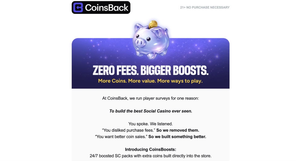 coinsback zero fees bigger boosts
