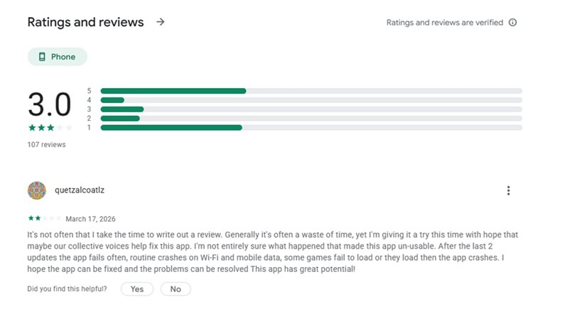 CrashMania Google App Reviews