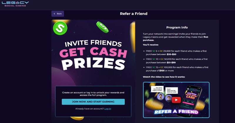 Legacy Casino Referral Bonus