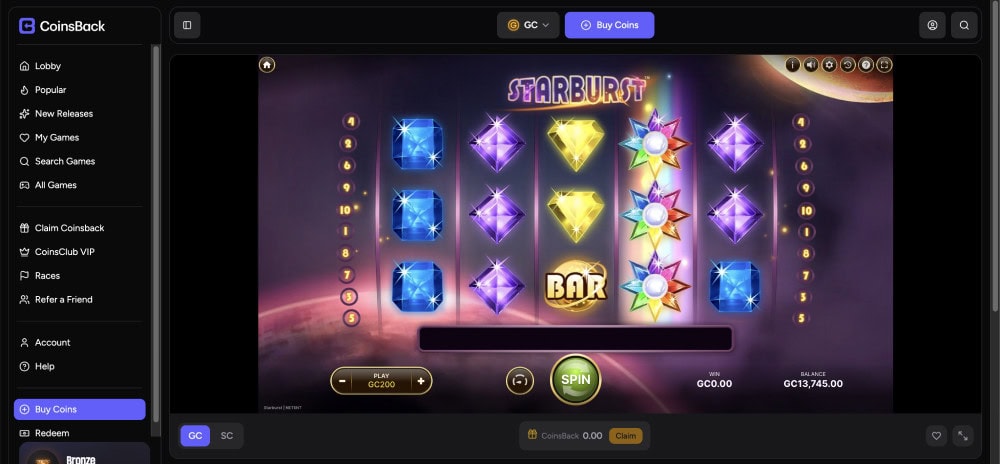 starburst at coinsback casino