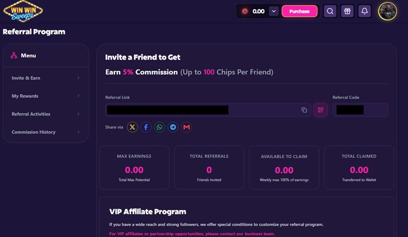 WinWin Sweeps Referral Bonus