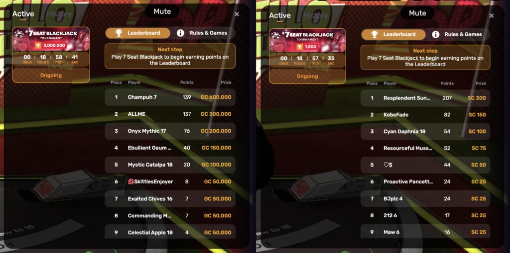 7 Seat blackjack gc and sc leaderboards