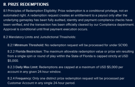 SpinWorld new minimum redemption amount