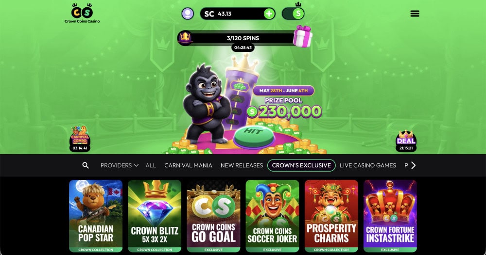 crown coins homepage with crown strikers event banner