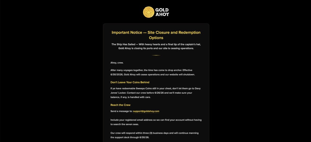 gold ahoy closure notice