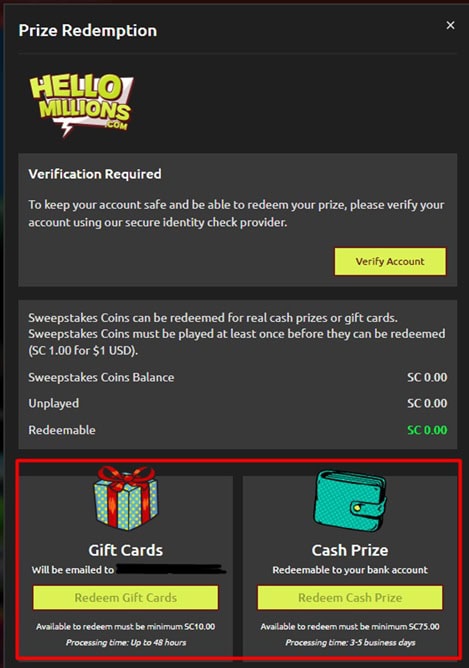 Hello Millions Prize Redemption