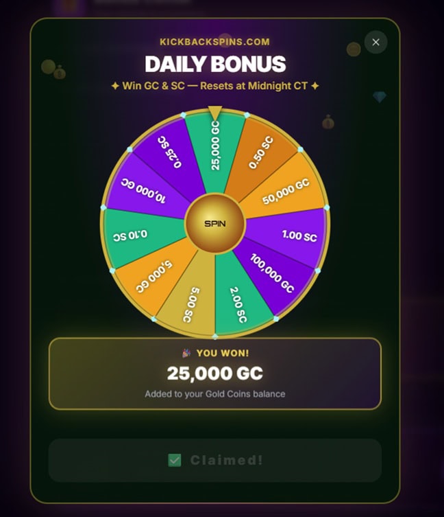 KickBack Spins Daily Wheel Bonus