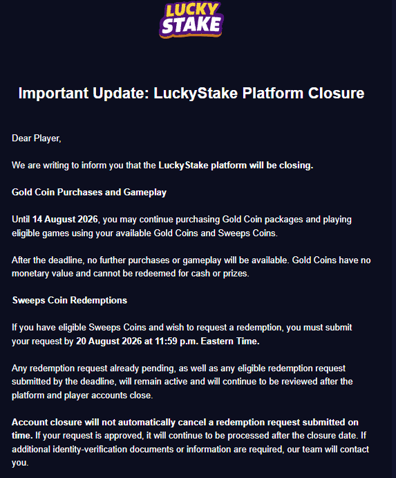 LuckyStake Closing Soon