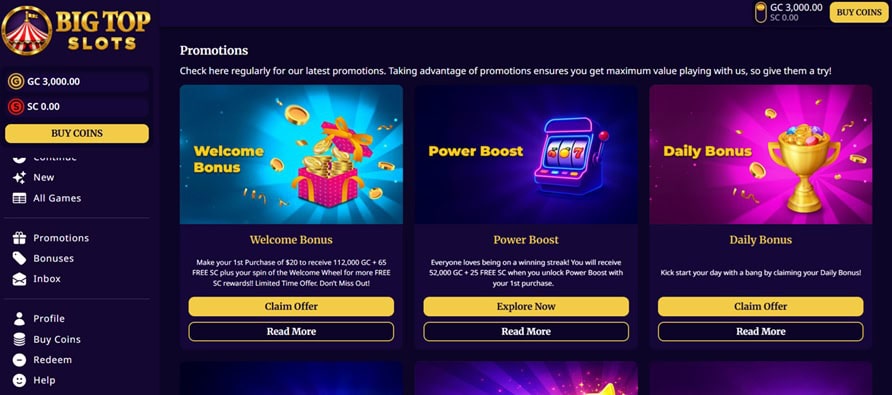 Big Top Slots Promos
