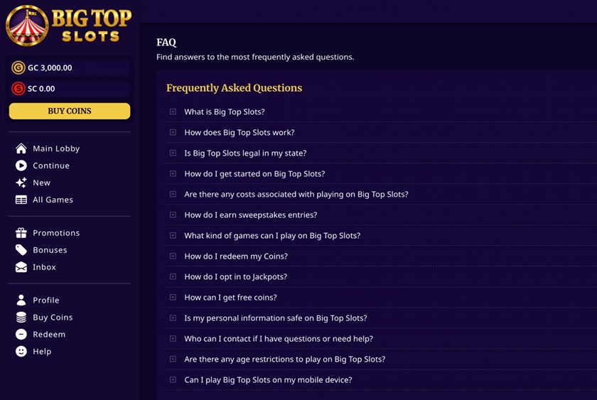 Big Top Slots Support