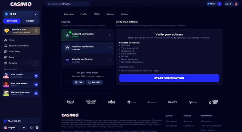 Casinio Address Verification